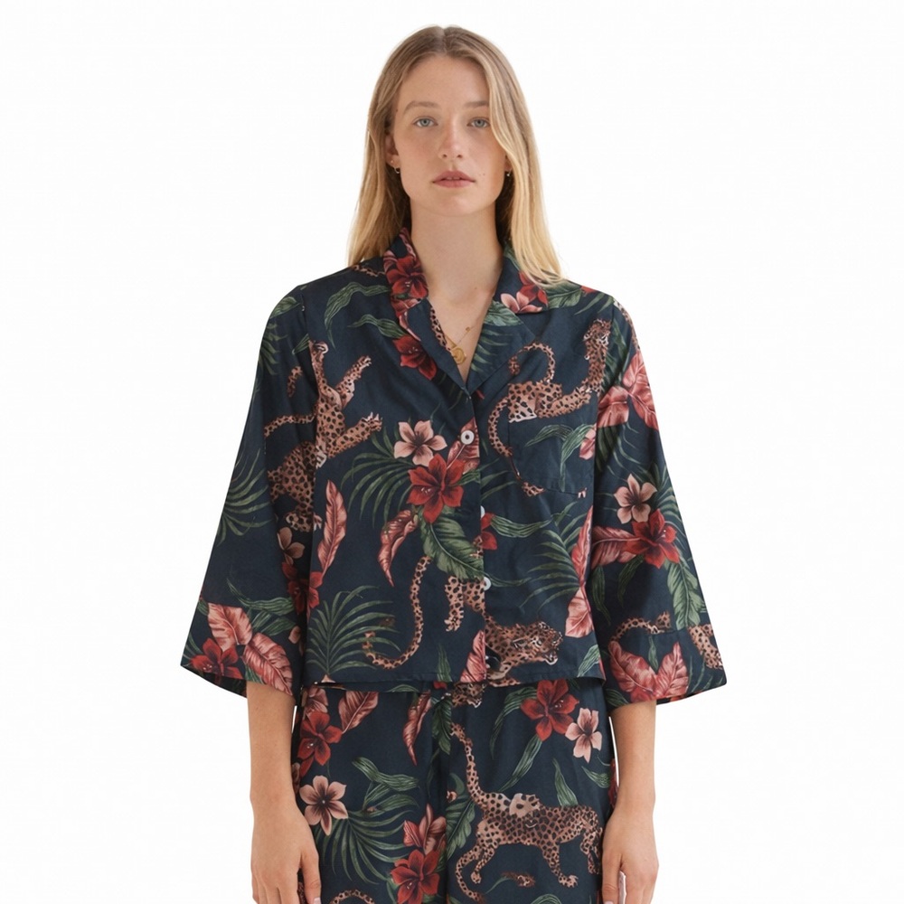 Desmond & Dempsey XS Leopard Soleia Boxy 0143 Shirt 3-4 sleeve button up
